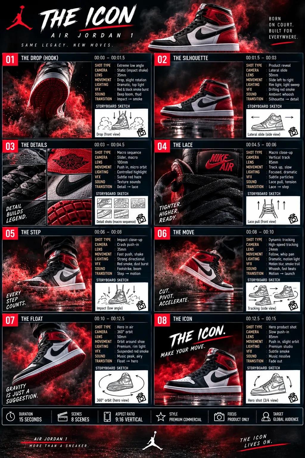 Crimson high-top sneaker commercial storyboard
