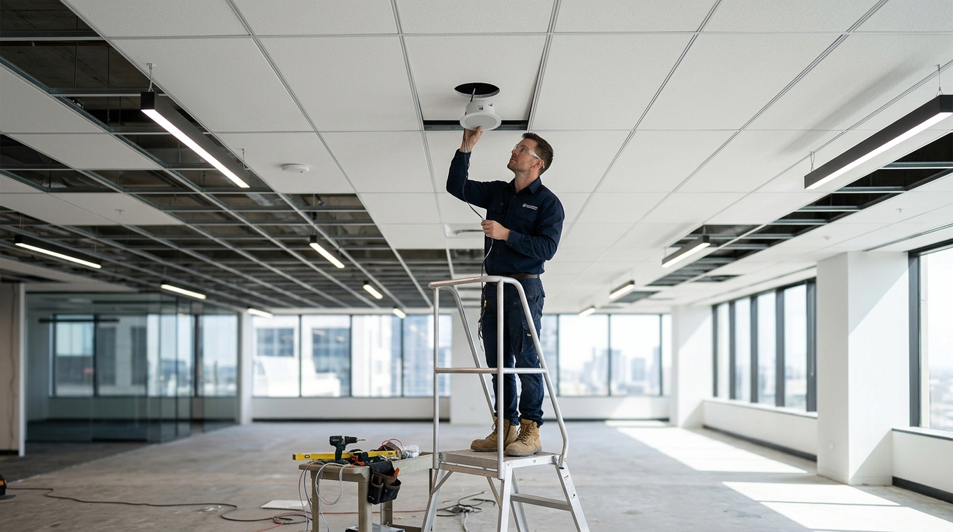 Side view of a professional installer on a low platform ladder fixing a small ceiling speaker in a new office with suspended ceiling tiles