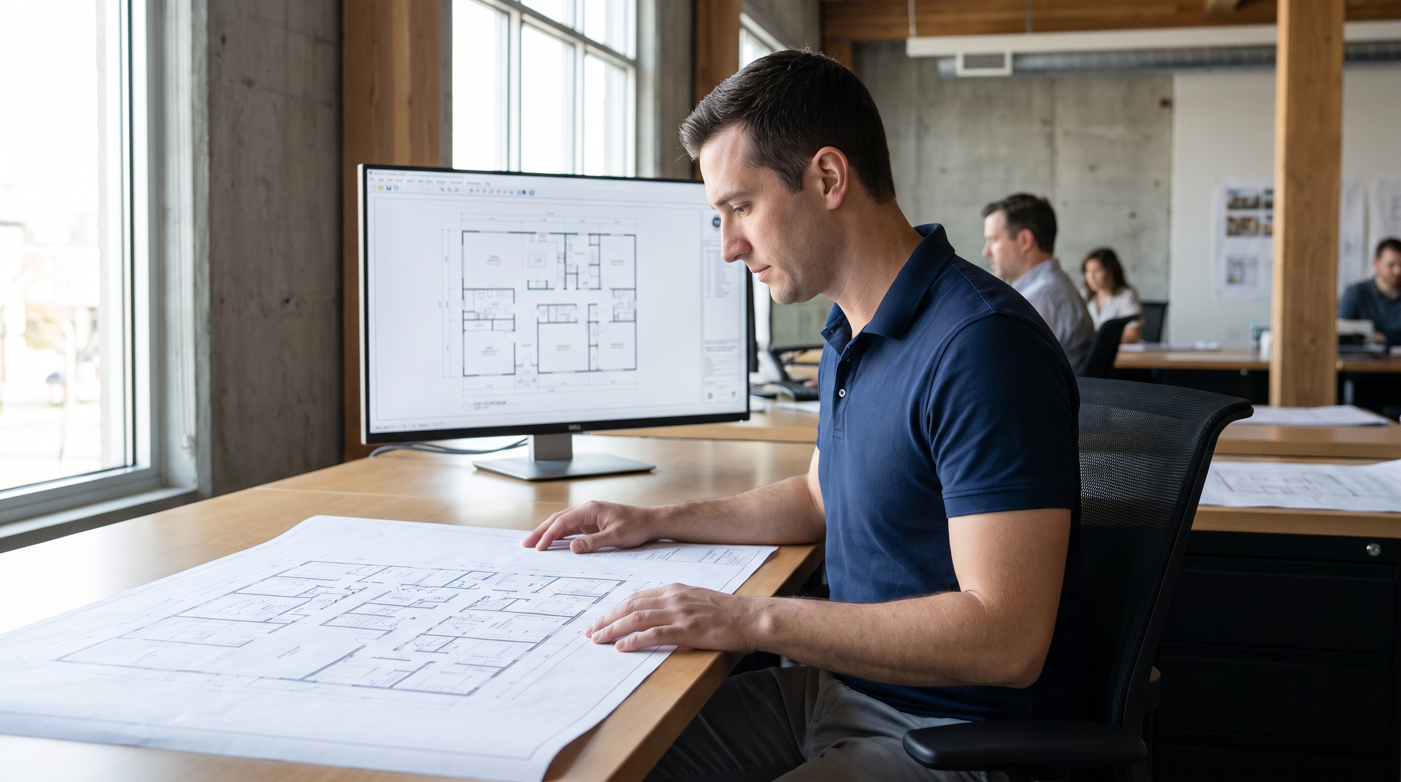 Engineer reviewing building plans in a professional design studio