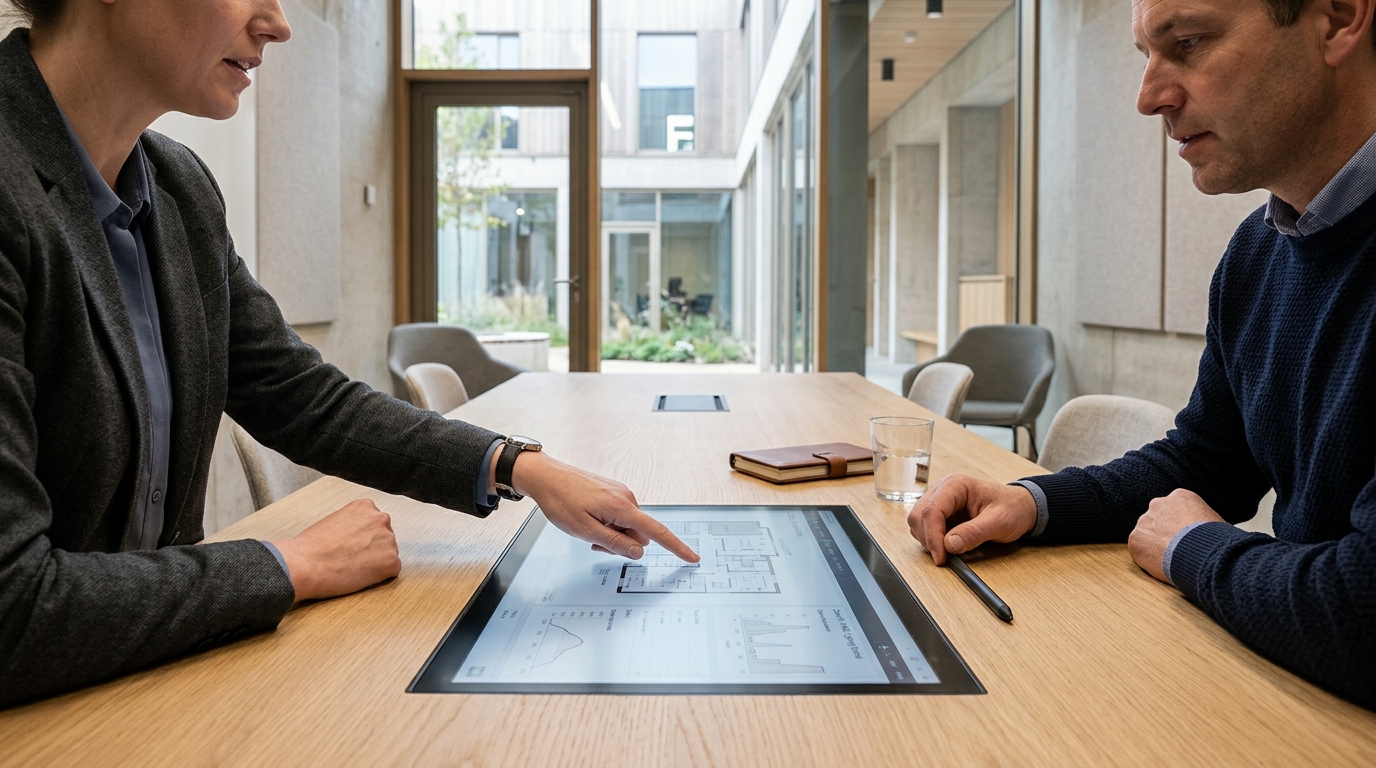 A professional service handover scene with two people reviewing a touchscreen in a finished multipurpose space, cropped hands and shoulders, quiet natural atmosphere