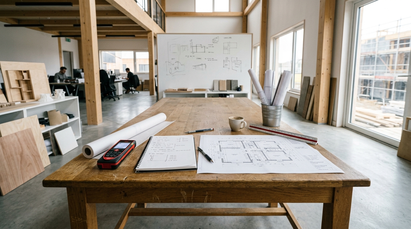 An architect''s consultation table with a site survey notebook, floor plan and laser distance measure, wide low angle, airy project studio, no people