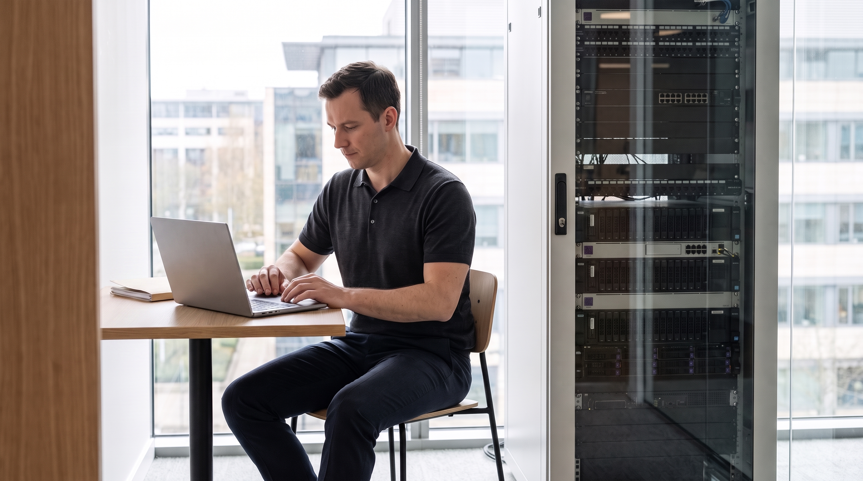 Technology specialist reviewing service records beside a network cabinet