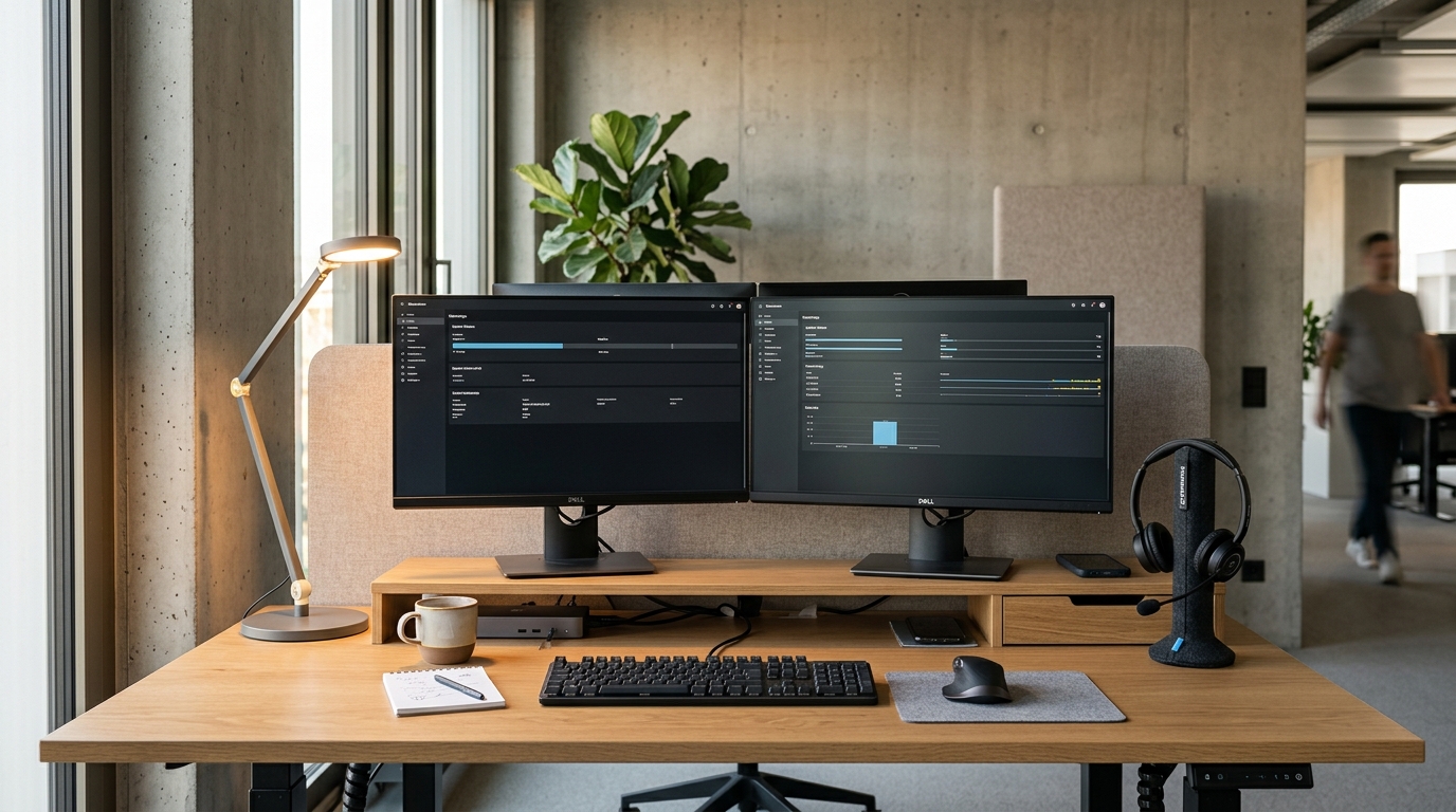 A technical support workstation with headset, two monitors showing simple non readable system status panels, warm task light and tidy desk, no person