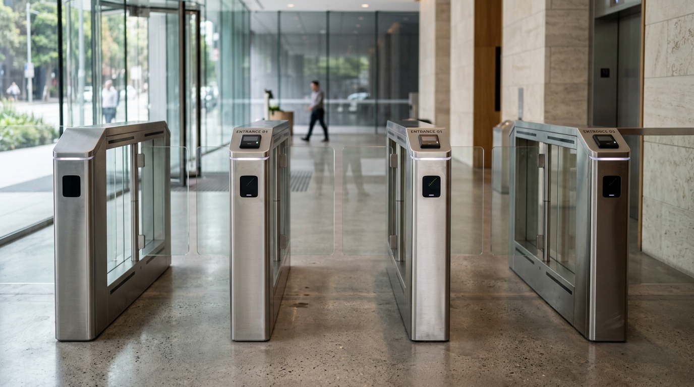 Close architectural photograph of brushed stainless optical turnstiles with small credential readers at a premium office entrance, no gate or glass lobby exterior