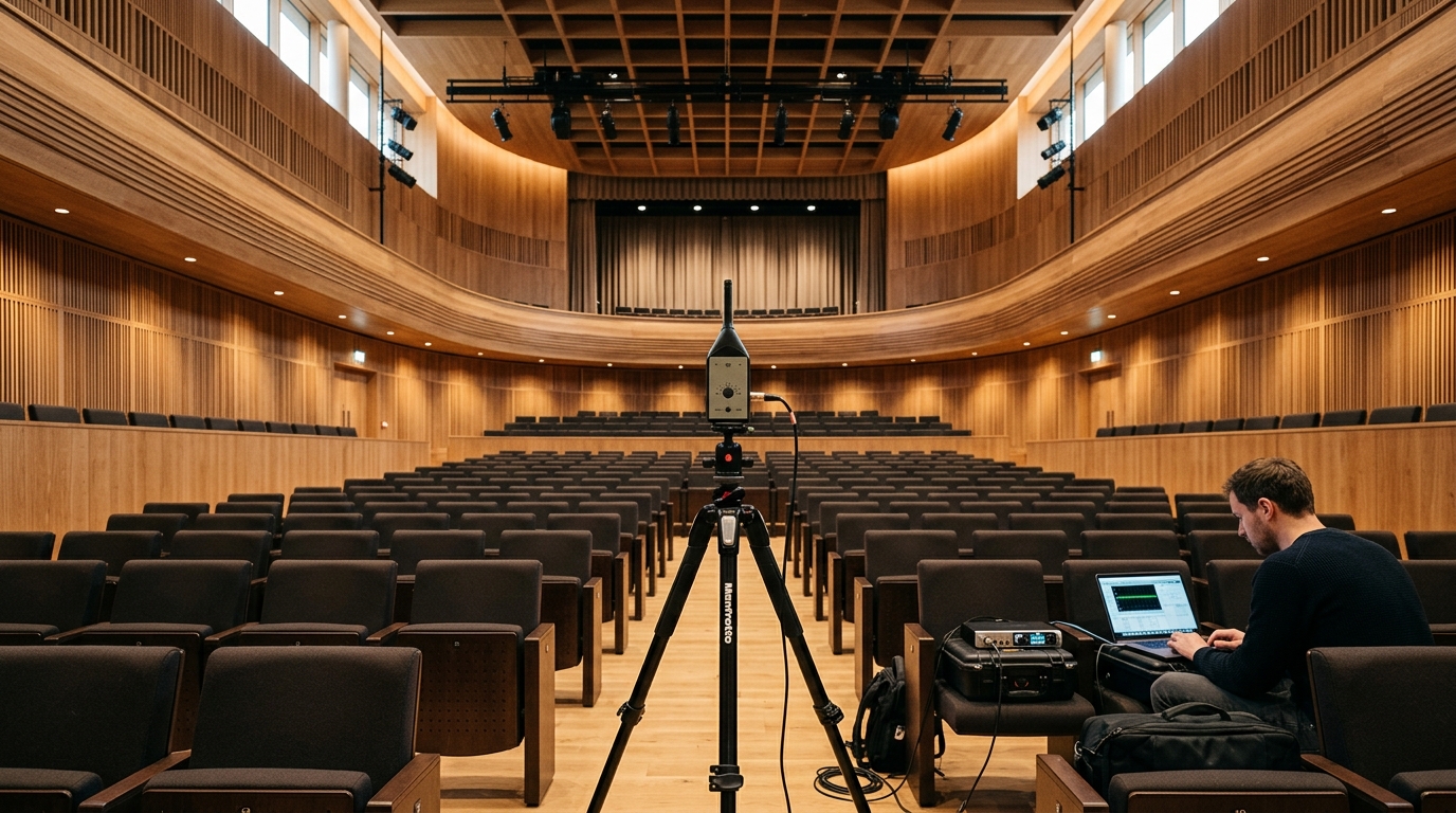 An acoustic measurement microphone on a tripod centered in an empty completed auditorium with warm wood acoustic panels, technical acceptance testing atmosphere