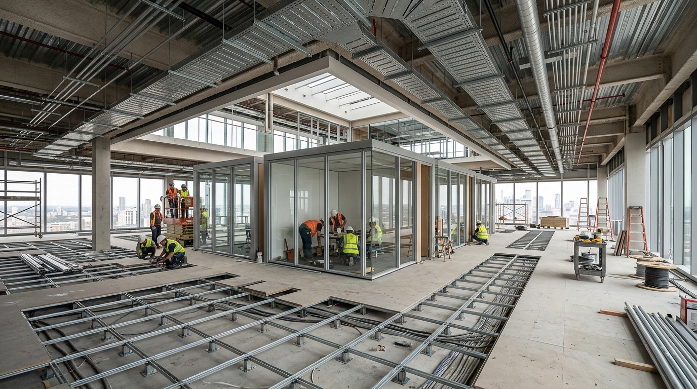 Wide new corporate headquarters interior during construction with glazed meeting rooms, unfinished raised flooring and overhead cable trays, panoramic architectural view distinct from a narrow corridor