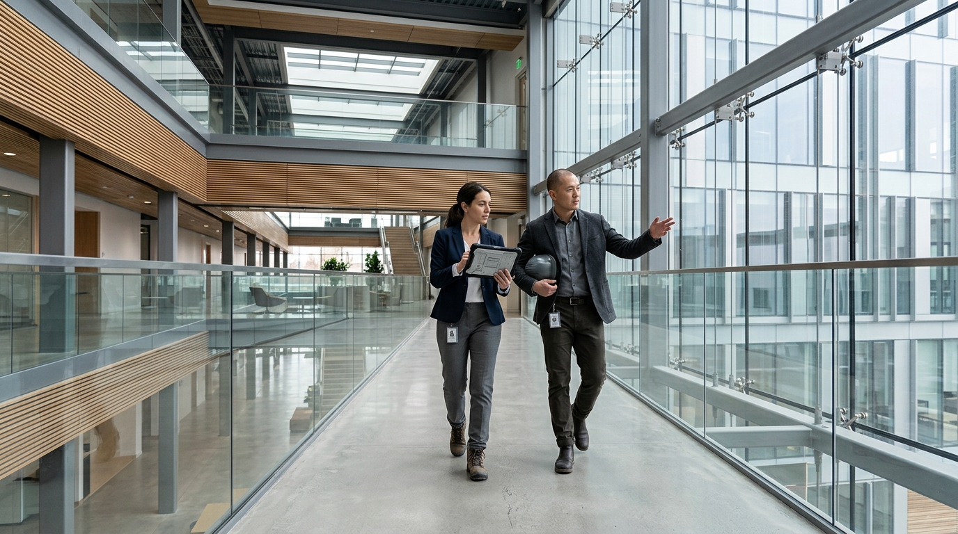 Two consultants conducting a site walk through an empty contemporary corporate atrium, one holding a tablet, horizontal perspective