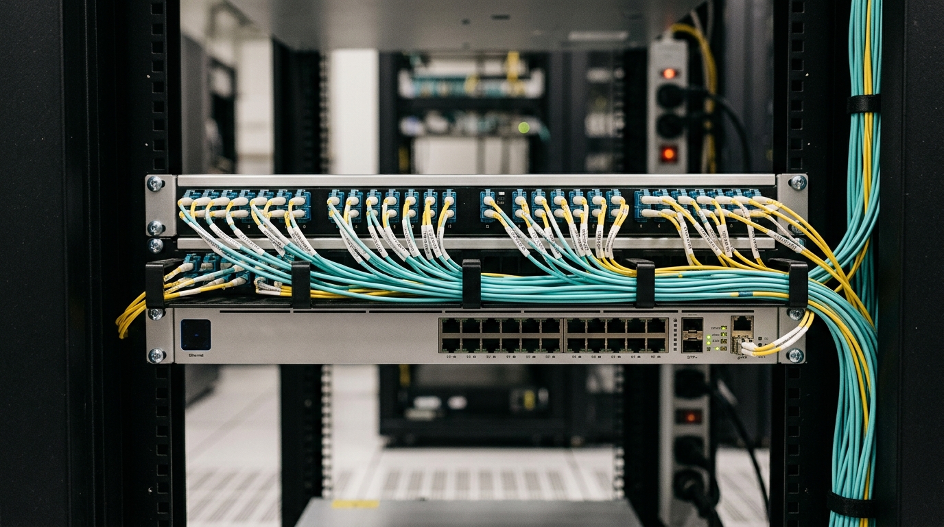 A detailed horizontal photograph of neatly labeled but unreadable fiber patch cords and switching equipment in a network cabinet, focus on connections rather than whole rack room
