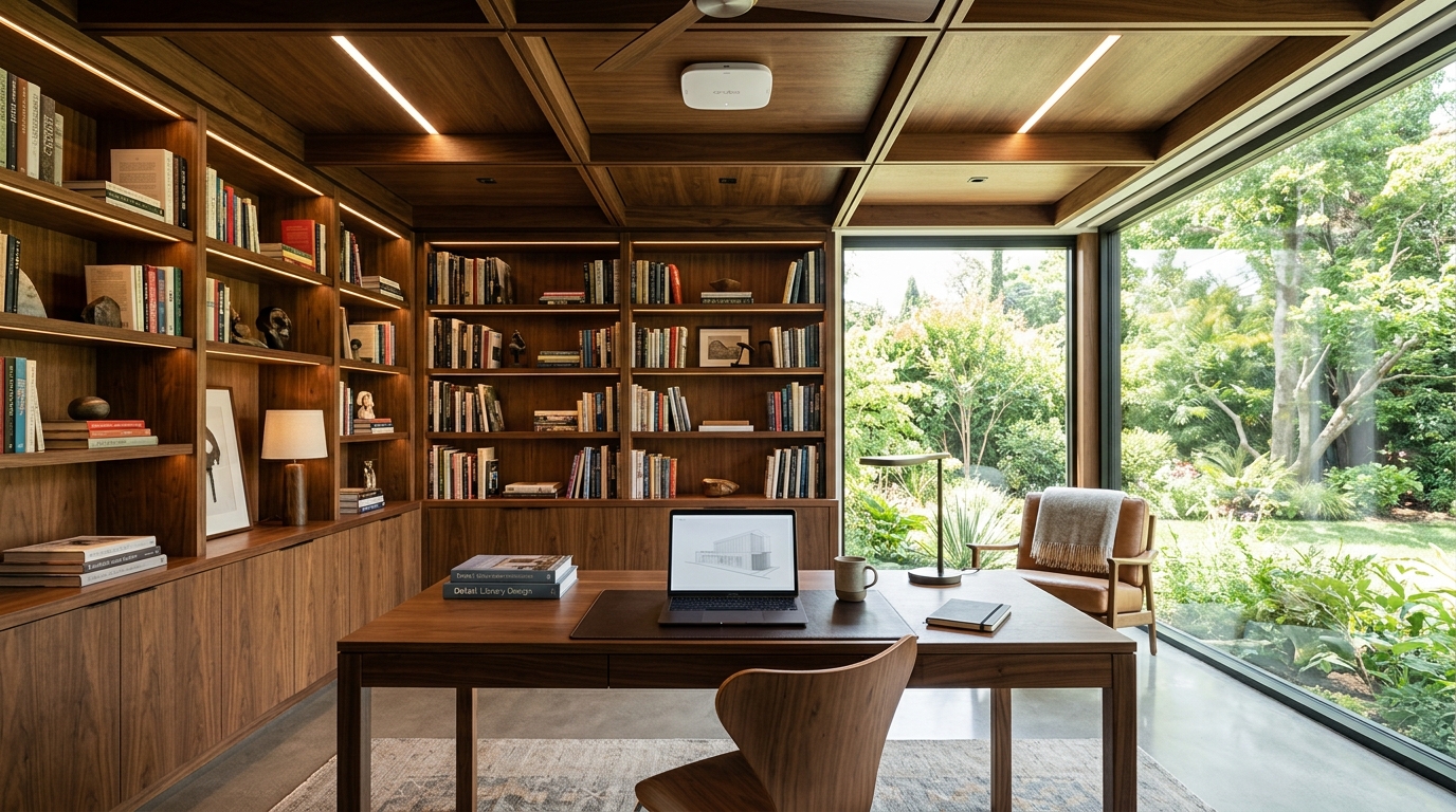 A luxurious private home library with integrated ceiling wireless access point and a slim laptop on a desk, elegant walnut shelving and garden views, no exterior villa shot