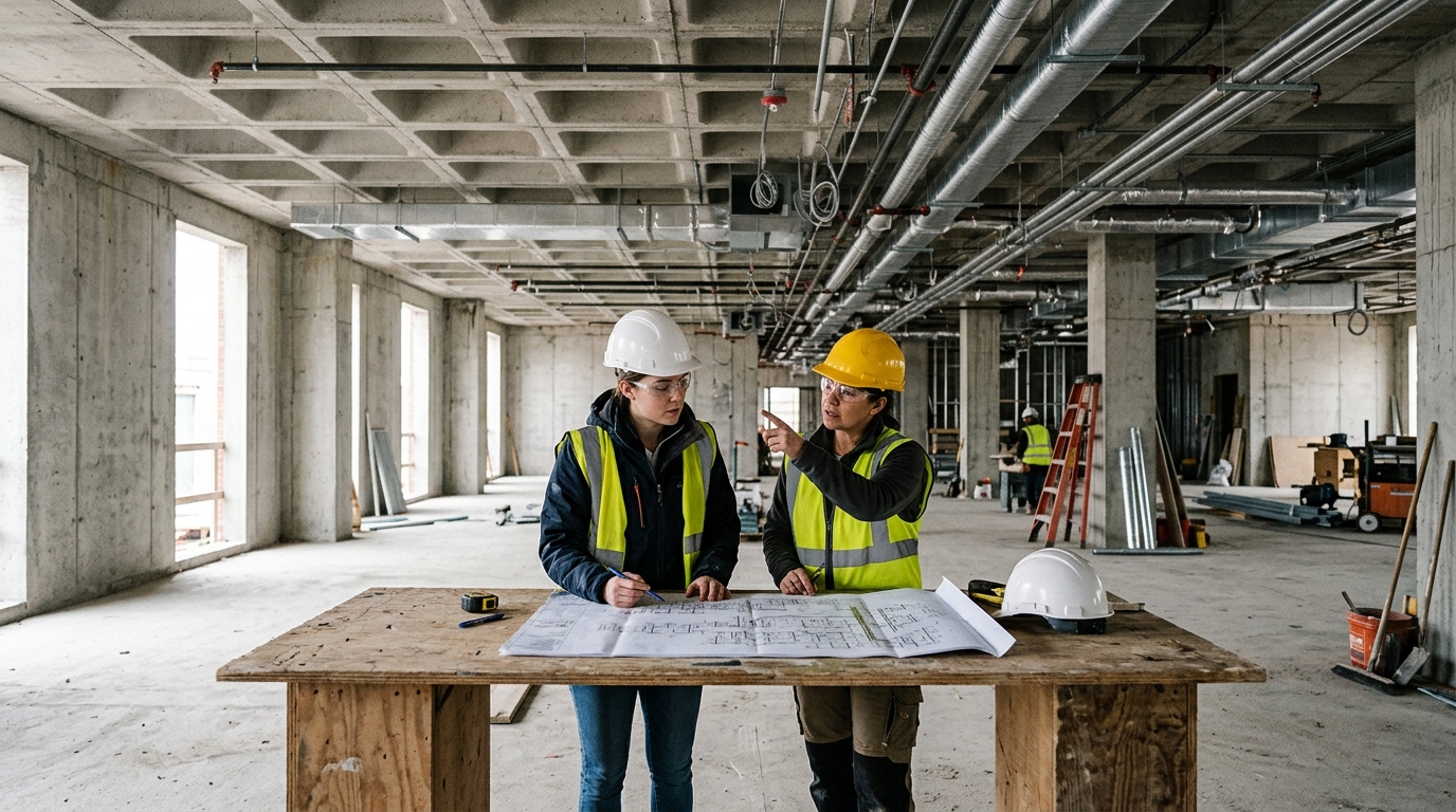 Two construction professionals in hard hats studying ceiling coordination drawings at a temporary workbench inside a concrete commercial shell; no finished corridor