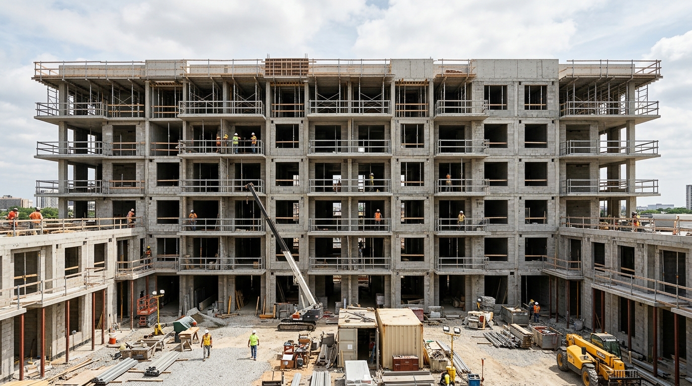 A multifamily building under construction viewed from a courtyard, unfinished balconies and window openings, workers small in distance, daytime realistic architectural photograph