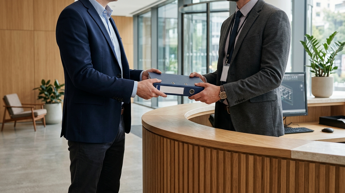 A facilities manager receiving a slim system documentation binder in a finished office reception, hands and torso only, no legible text