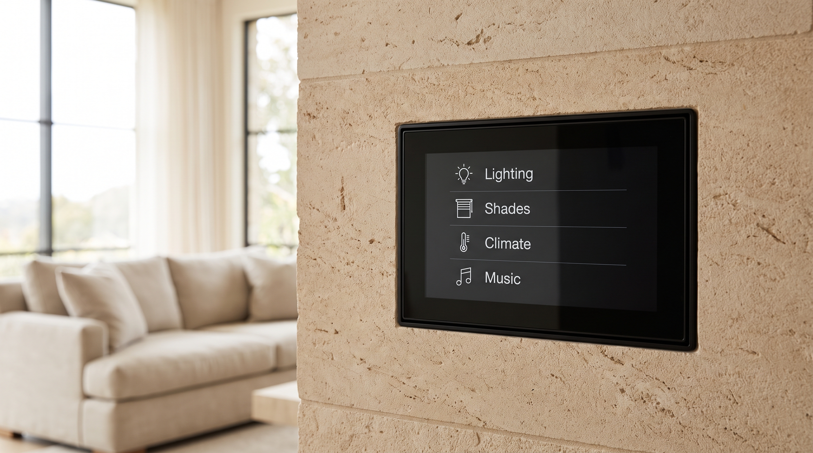 Home touchscreen with clearly labeled lighting, shades, climate and music controls