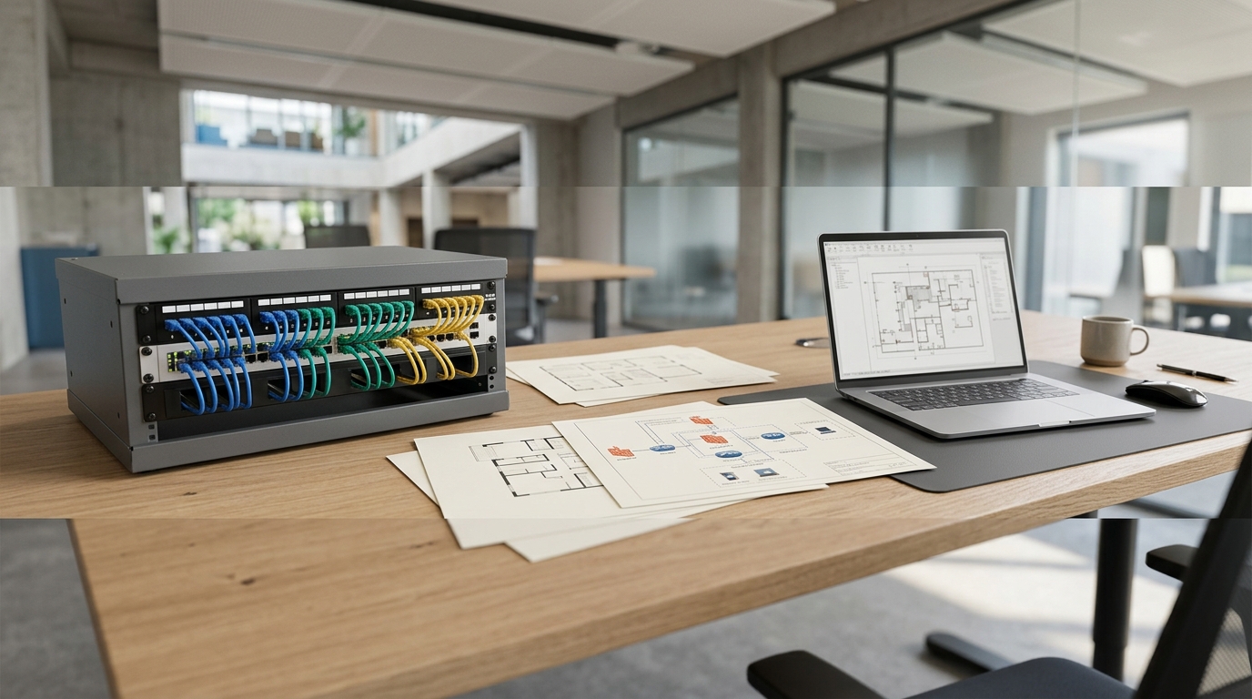 An enterprise IT workspace with a neatly documented patch panel sample, security architecture diagrams without legible text, and a laptop, close oblique desktop composition