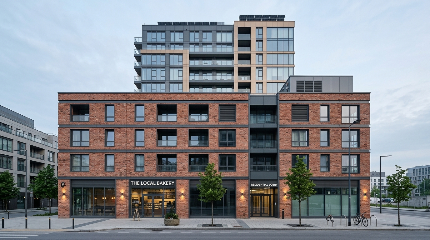 A contemporary urban mixed use property exterior with brick podium, residential tower and small street frontage, early morning, no identifiable landmark