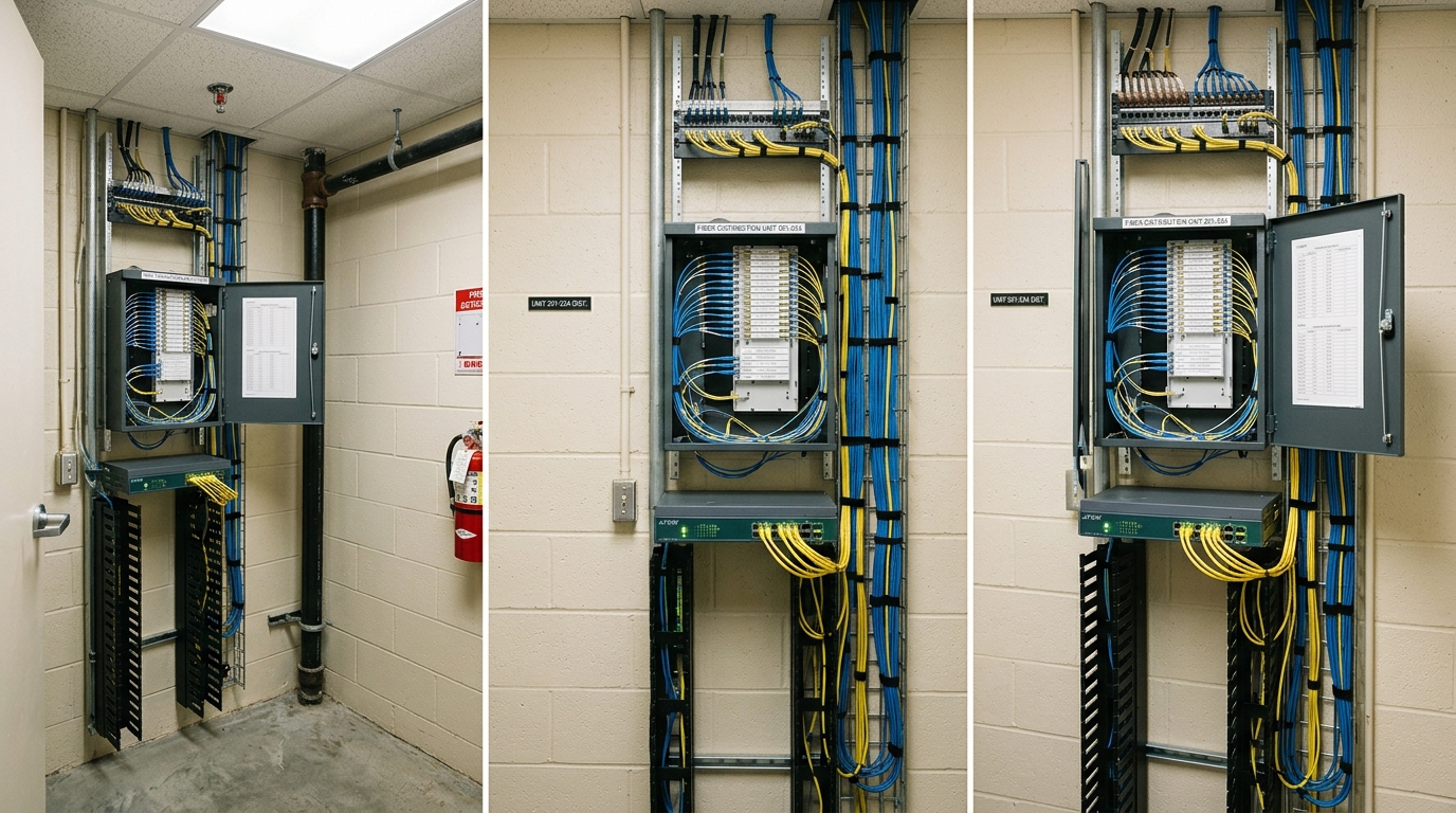 An apartment building communications closet with fiber distribution cabinet and tidy vertical cable pathways, side angle, compact equipment wall rather than freestanding racks