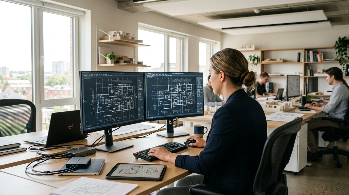 A professional engineer at dual monitors showing abstract CAD floor plan linework in a daylight design studio, viewed over shoulder, no legible text