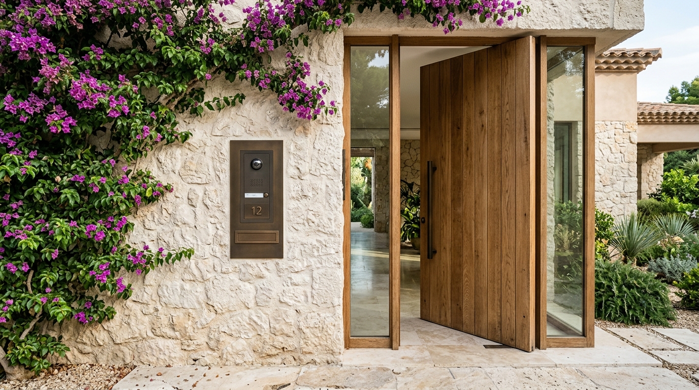 Close architectural detail of a discreet bronze video intercom beside a tall timber pivot front door of a luxurious private villa, bougainvillea and limestone, no gate