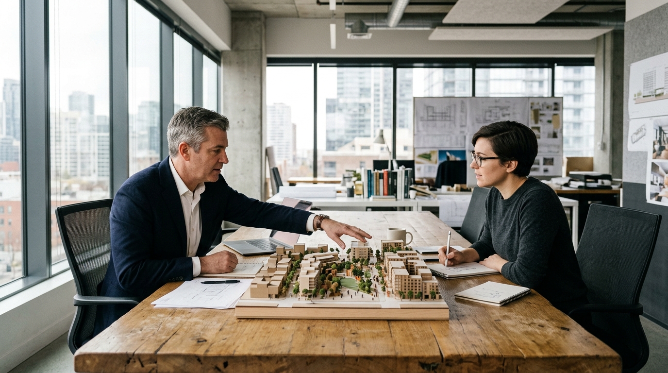 An enterprise property director and architect reviewing a physical scale model of a mixed use campus at an oak table, broad daylight, candid side view