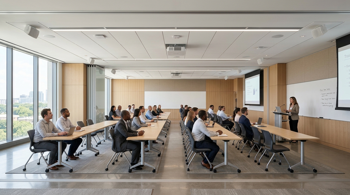 A sophisticated divisible training room with ceiling projection and discreet speakers, rows of lightweight tables, soft daylight, distinct from a boardroom