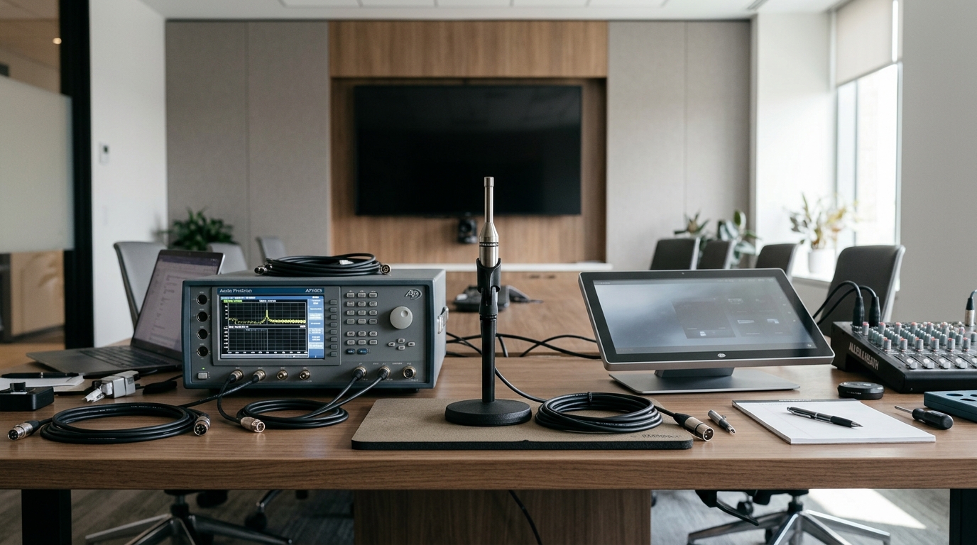Closeup of an audiovisual commissioning bench with an audio analyzer, measurement microphone and conference room touchscreen, no person or legible screen text