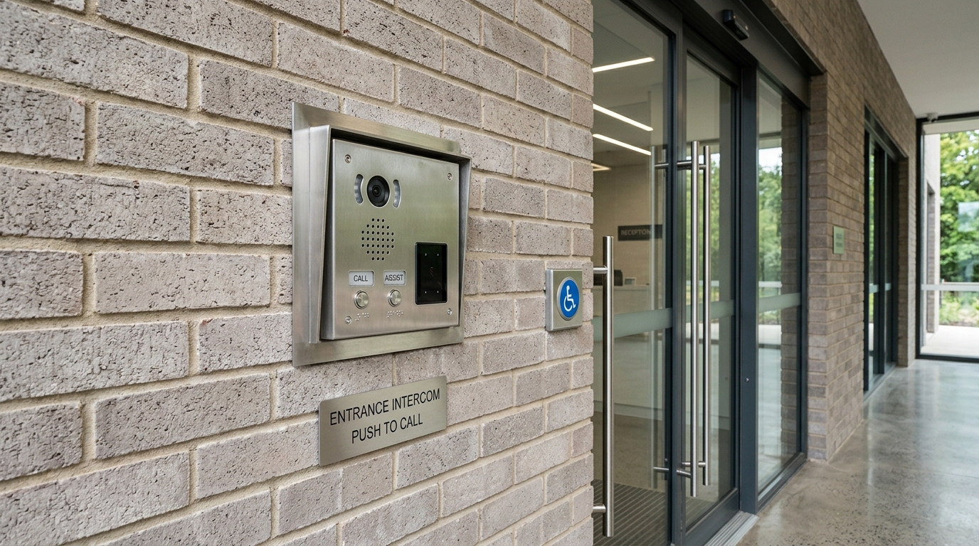A weather protected stainless entrance intercom station on a contemporary institutional building brick wall beside accessible entrance doors, oblique detail