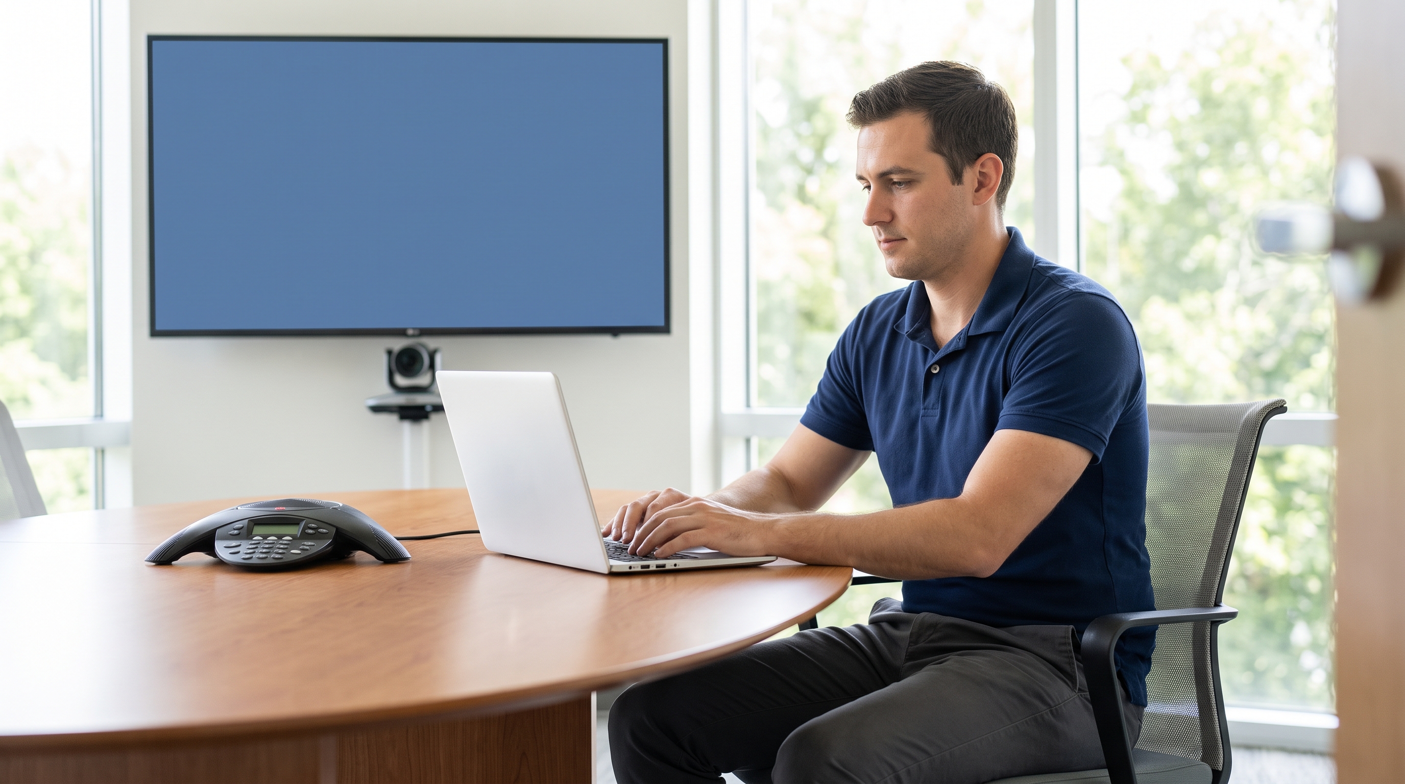 AV technician supporting a meeting-room conferencing system