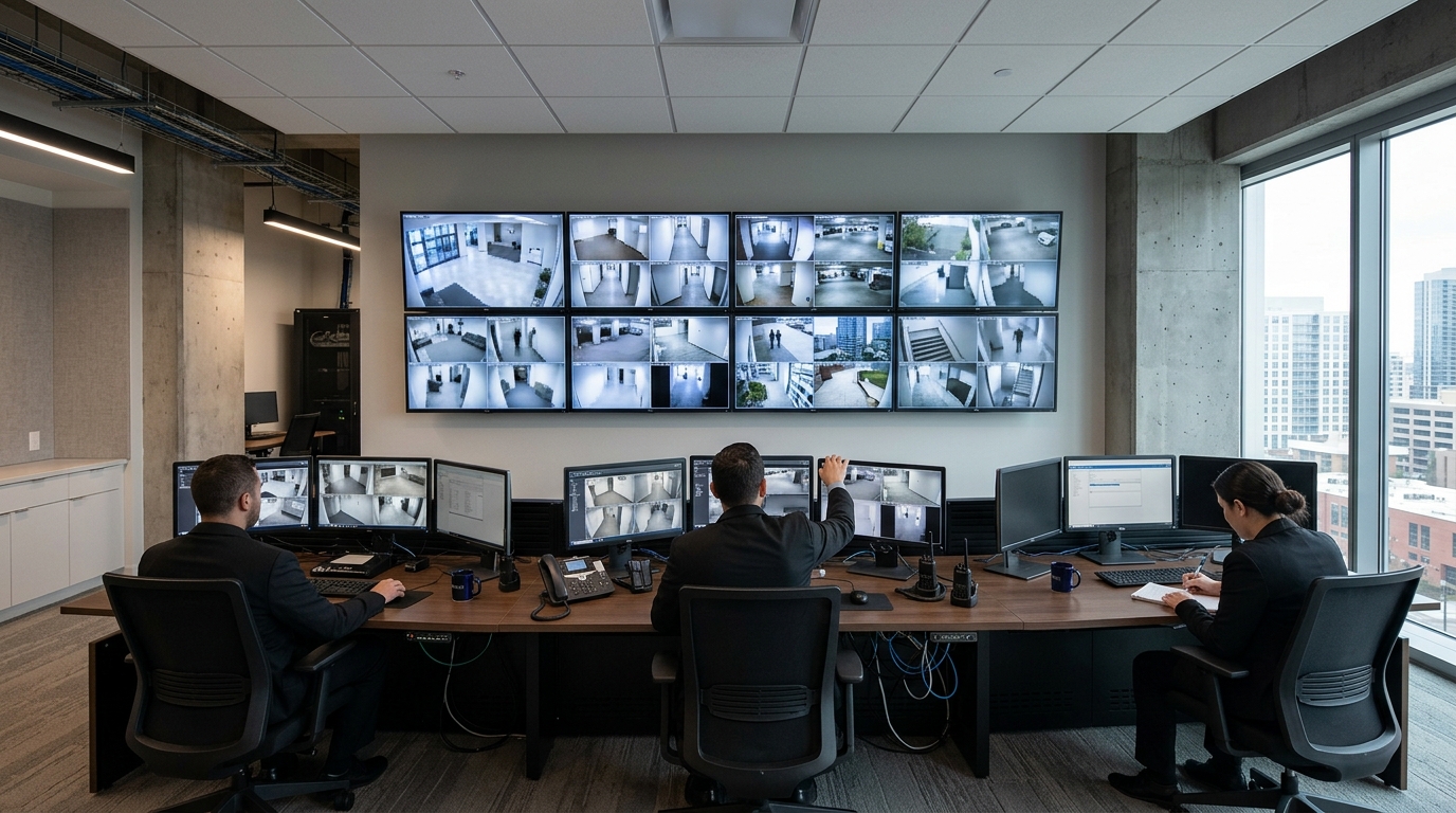 A modern security operations room with a few screens displaying generic building camera views, no recognizable people or legible labels, no futuristic holograms