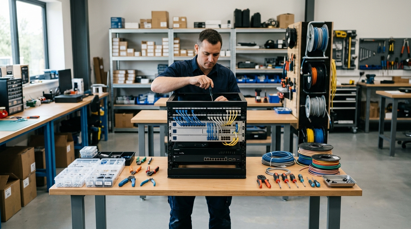 A workbench where an installer carefully assembles a low voltage equipment rack before delivery, organized tools and discrete components, no exposed mains power