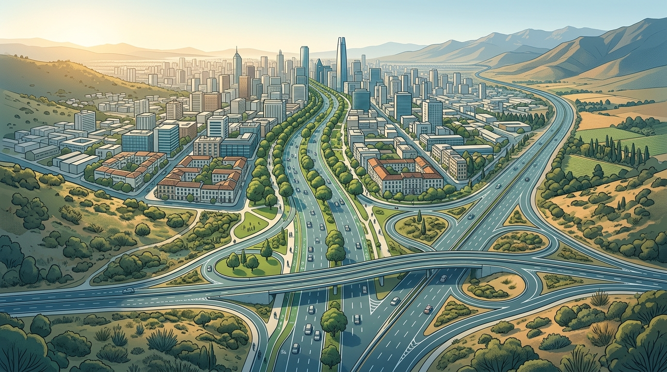 Ilustración editorial de conectividad vial regional