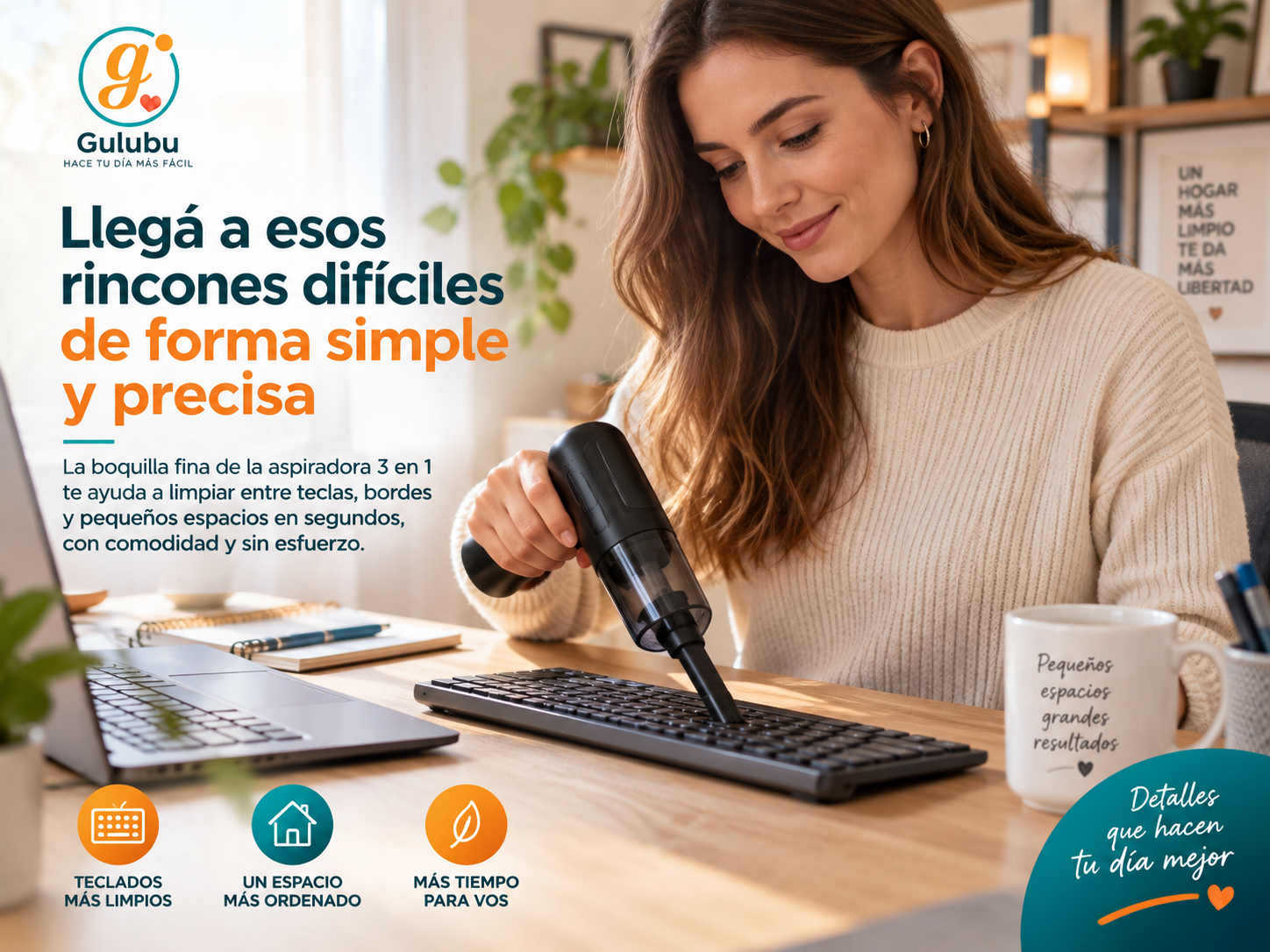 Mujer limpiando un teclado con la boquilla fina de la aspiradora 3 en 1