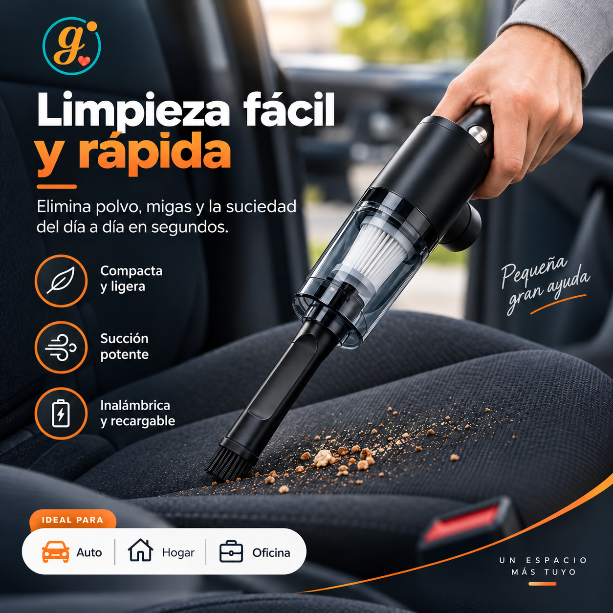 Limpieza de migas en el asiento del auto con la aspiradora portátil 3 en 1