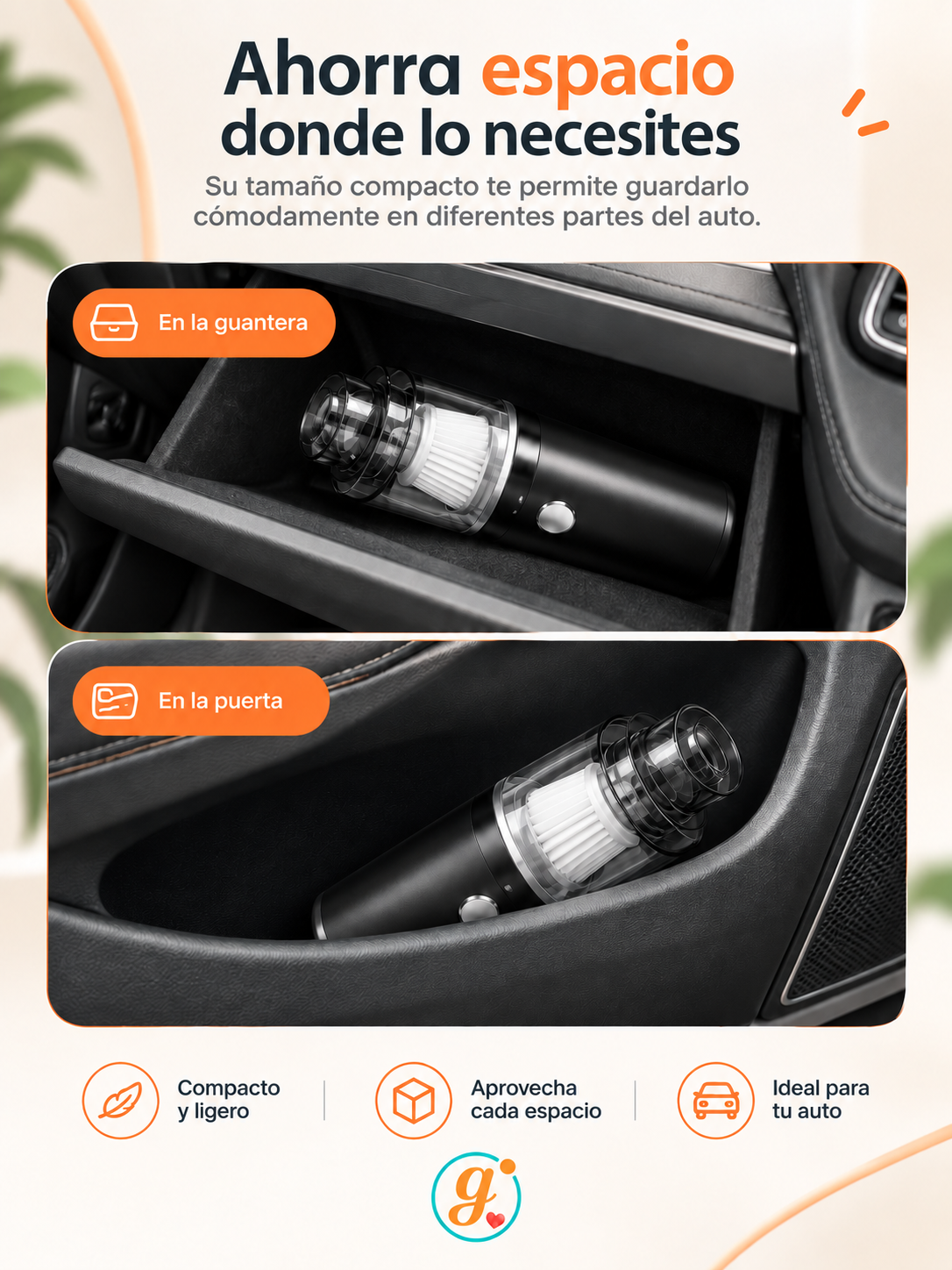 Aspiradora compacta guardada en la guantera y en el bolsillo de la puerta del auto