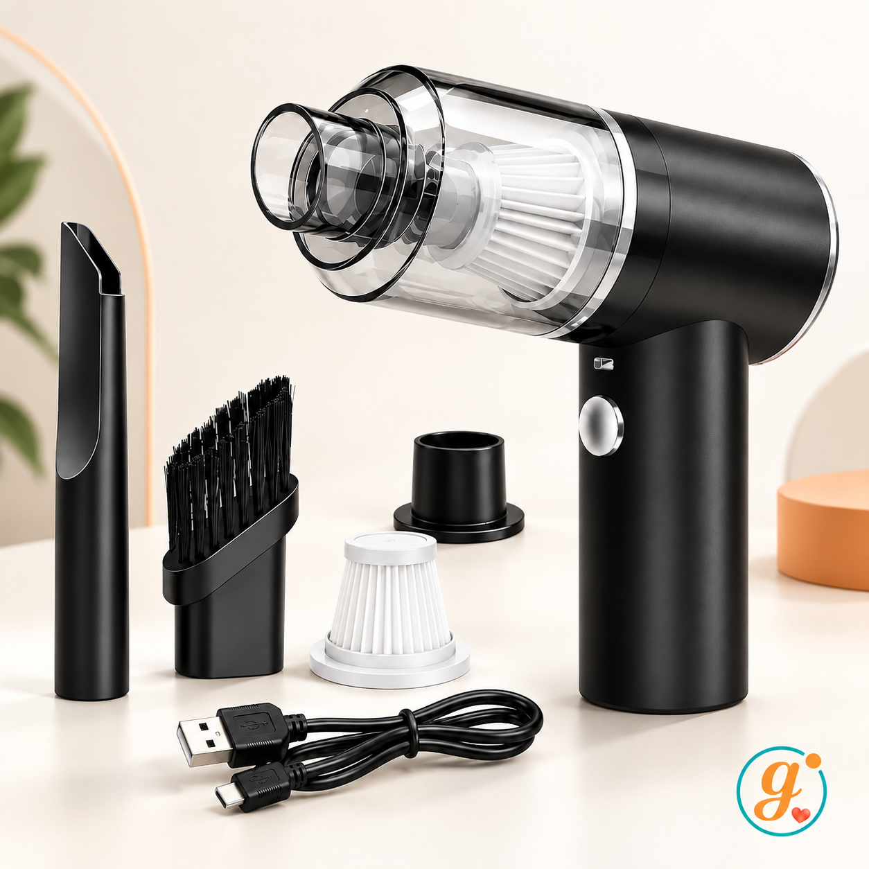 Aspiradora portátil 3 en 1 con sus accesorios y logo Gulubu