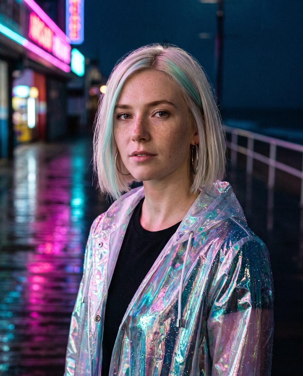 Portrait of the fictional artist on a neon boardwalk, platinum bob with an aqua streak, iridescent raincoat