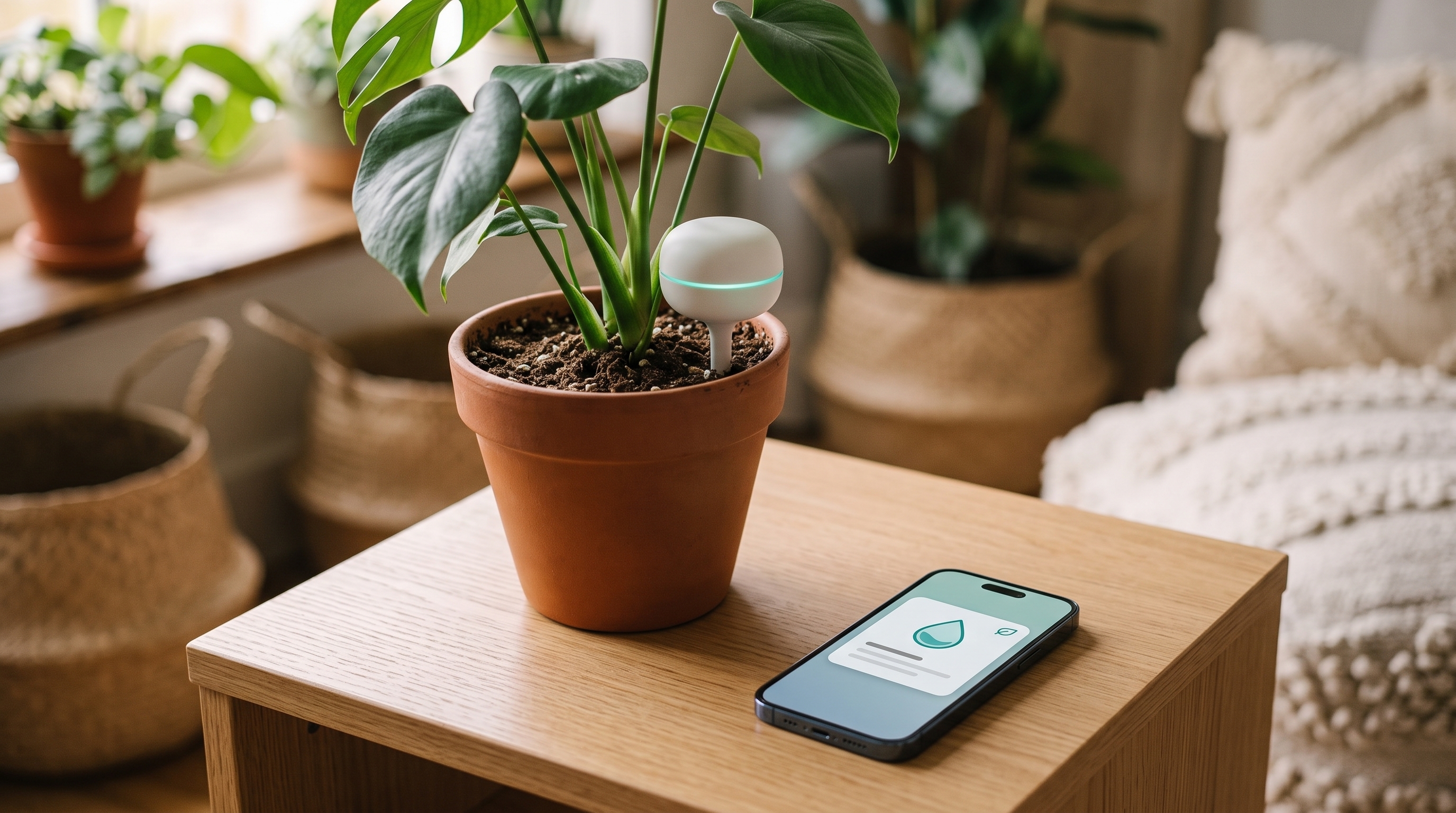 A potted plant with a glowing sensor next to a phone showing a water-drop notification
