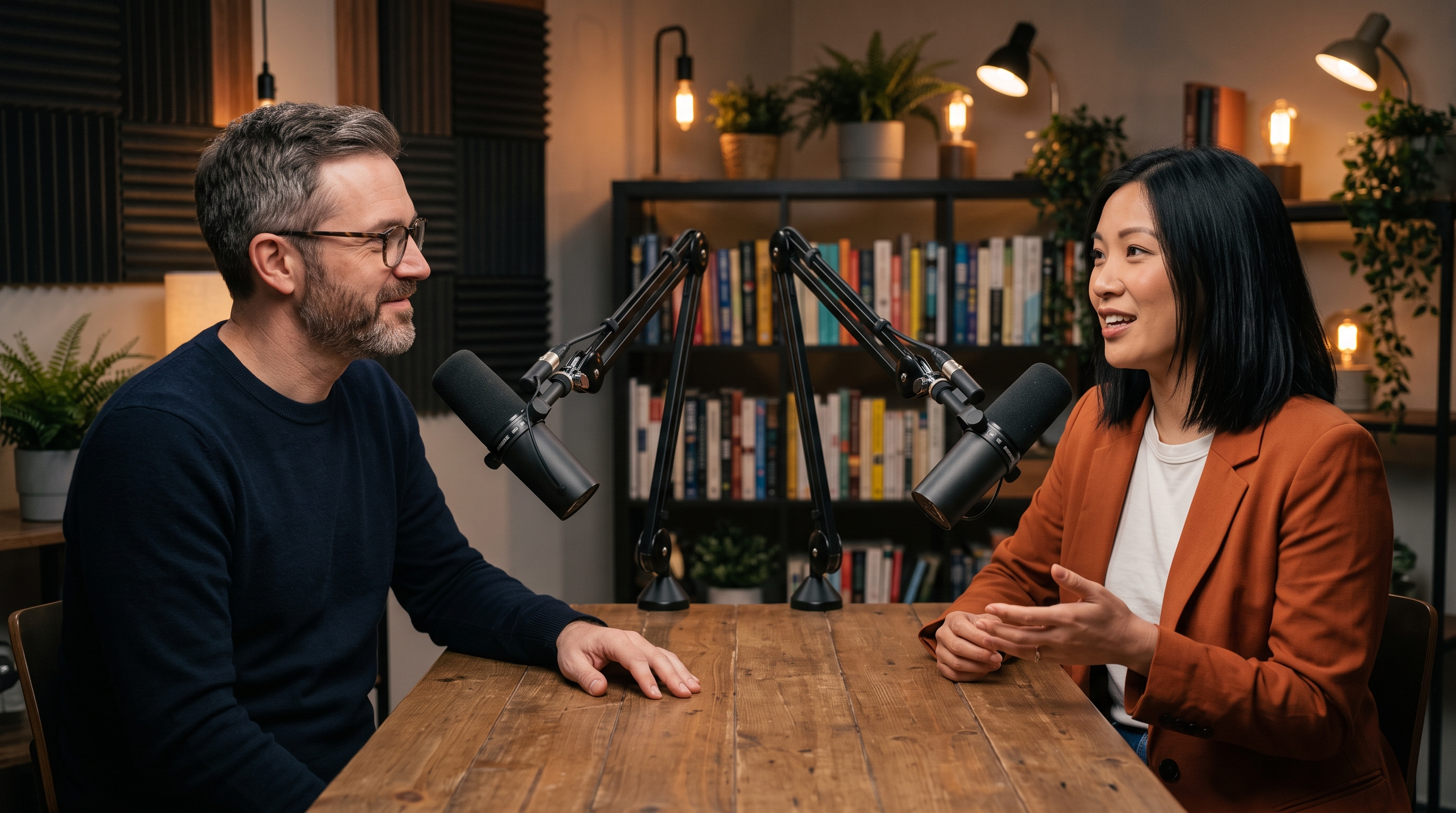 A video podcast studio with a bearded host and a founder guest in a rust blazer at microphones