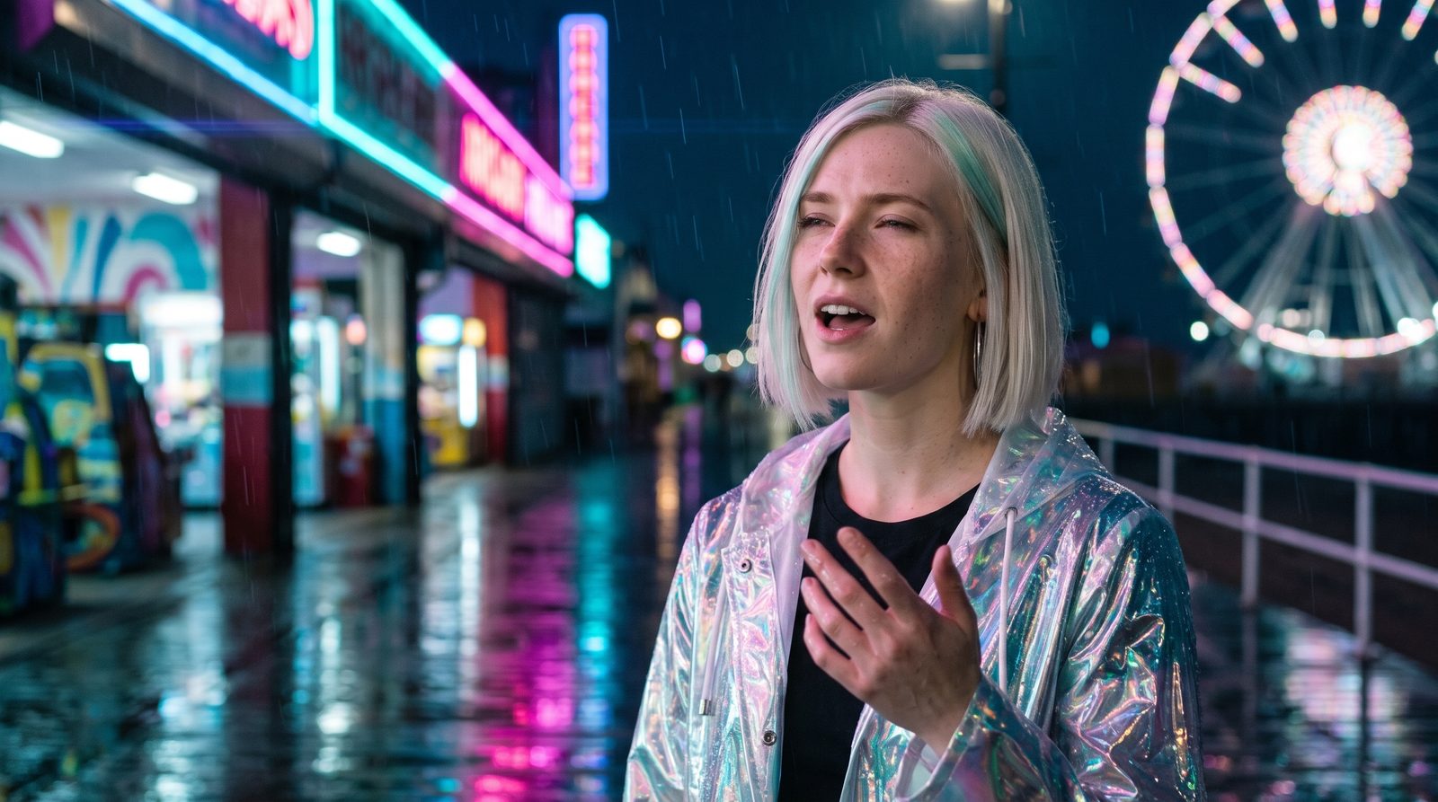 The artist singing on a rainy neon boardwalk