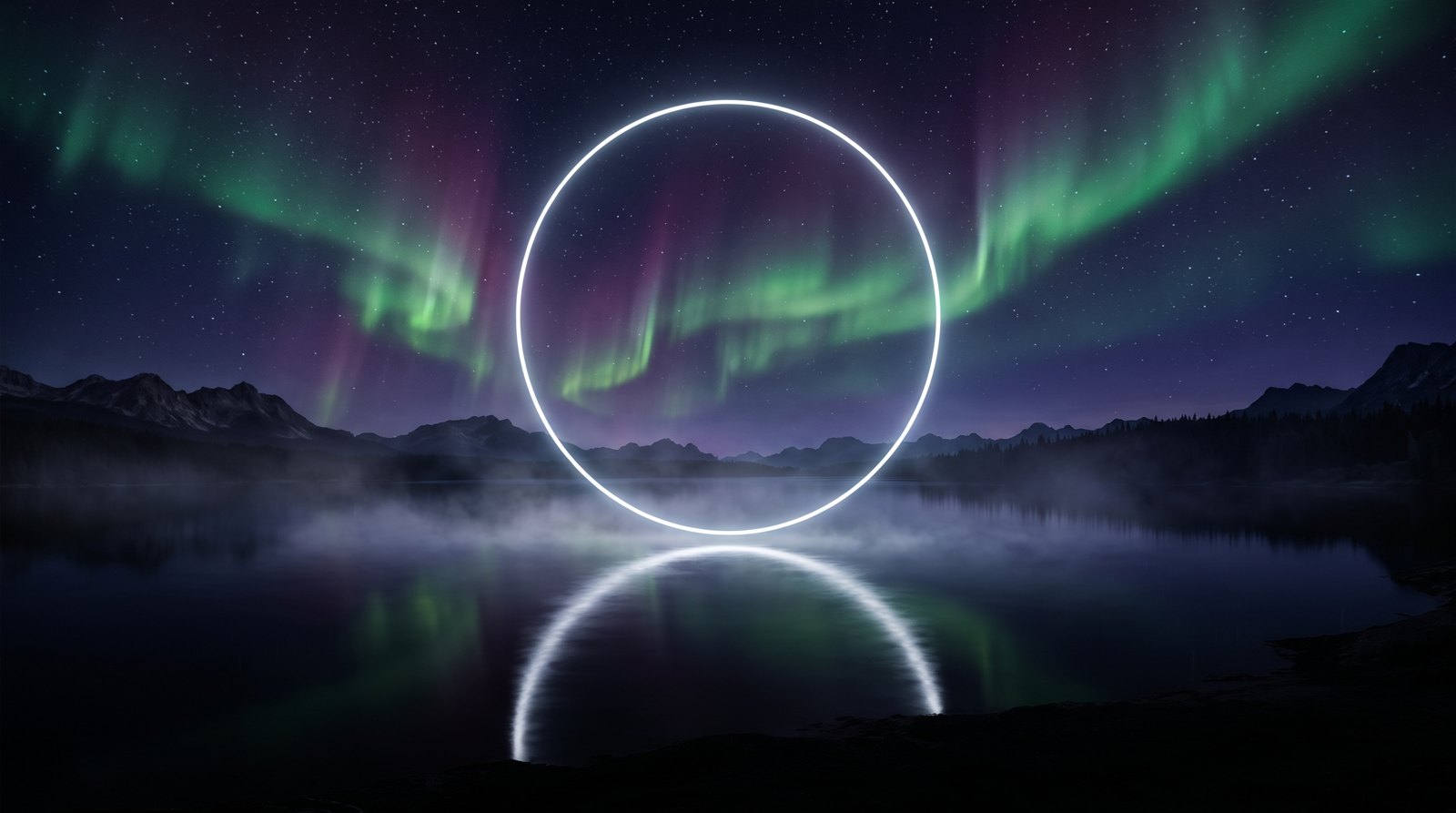 An aurora over a black lake with a ring of white light reflected in the water