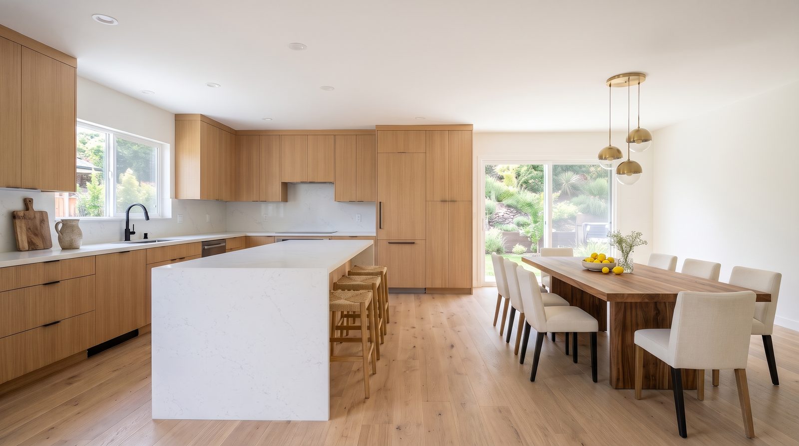 The same kitchen with three counter stools and a walnut dining table with six cream chairs under the pendants