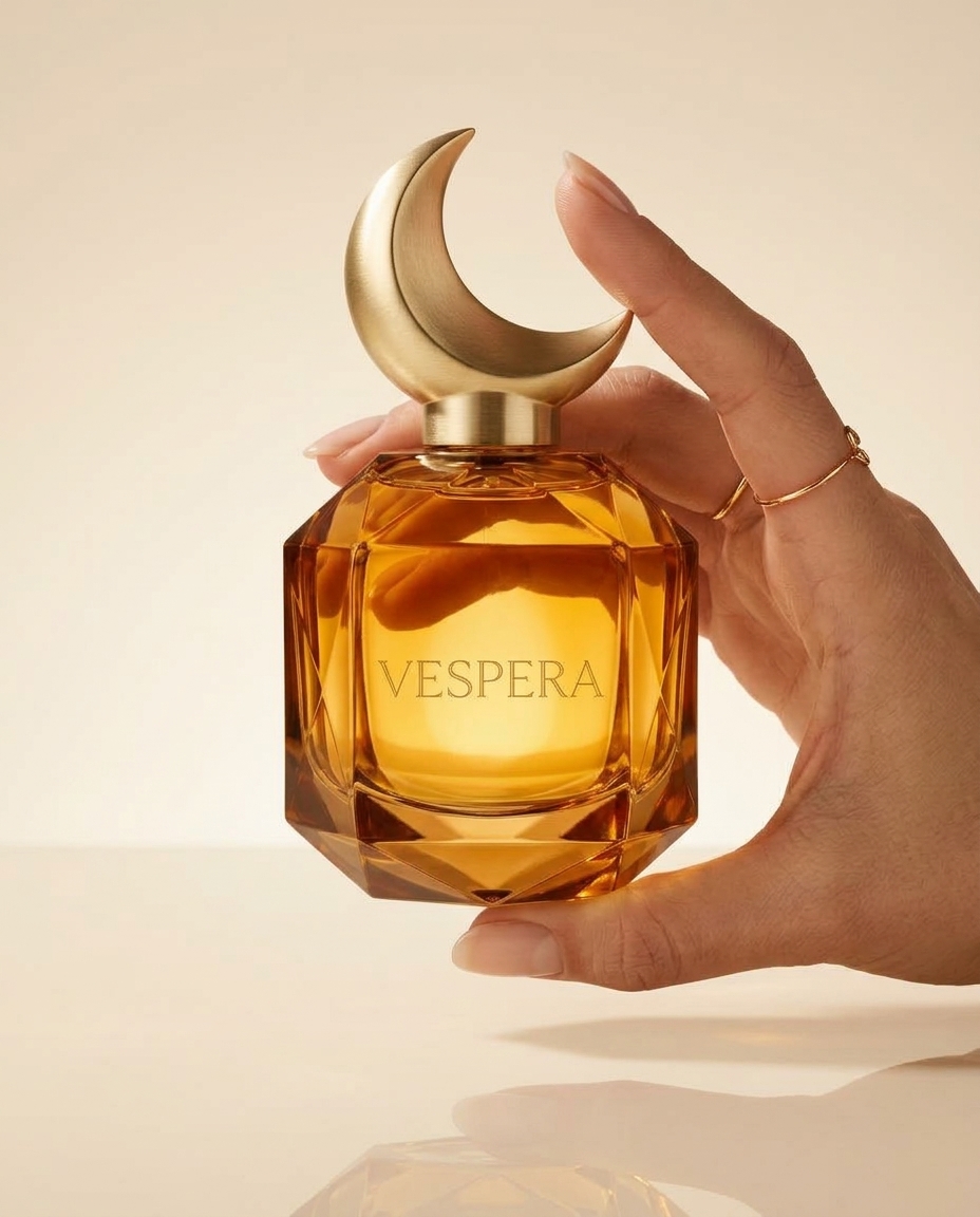 A hand holding the VESPERA bottle on a beige background