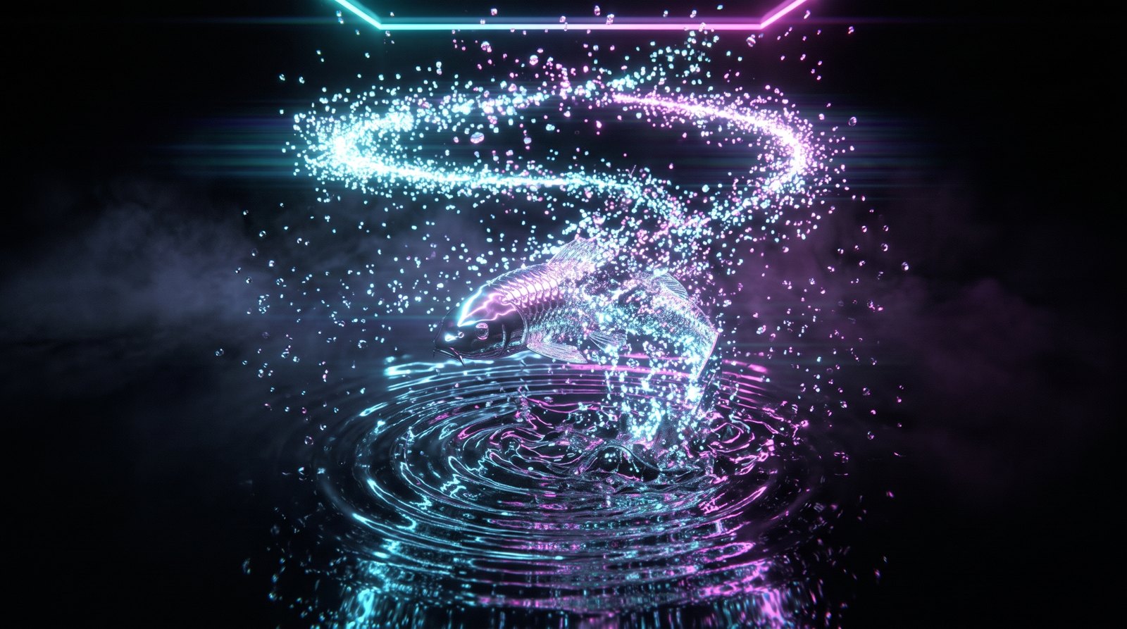 The chrome koi leaping and bursting into a ring of glowing particles