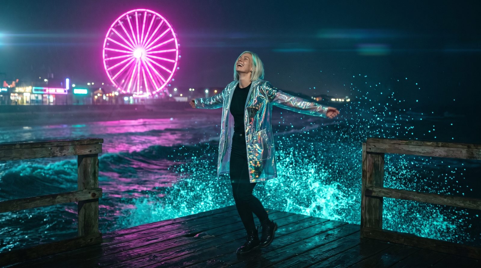 The artist spinning on a pier as glowing spray rises around her