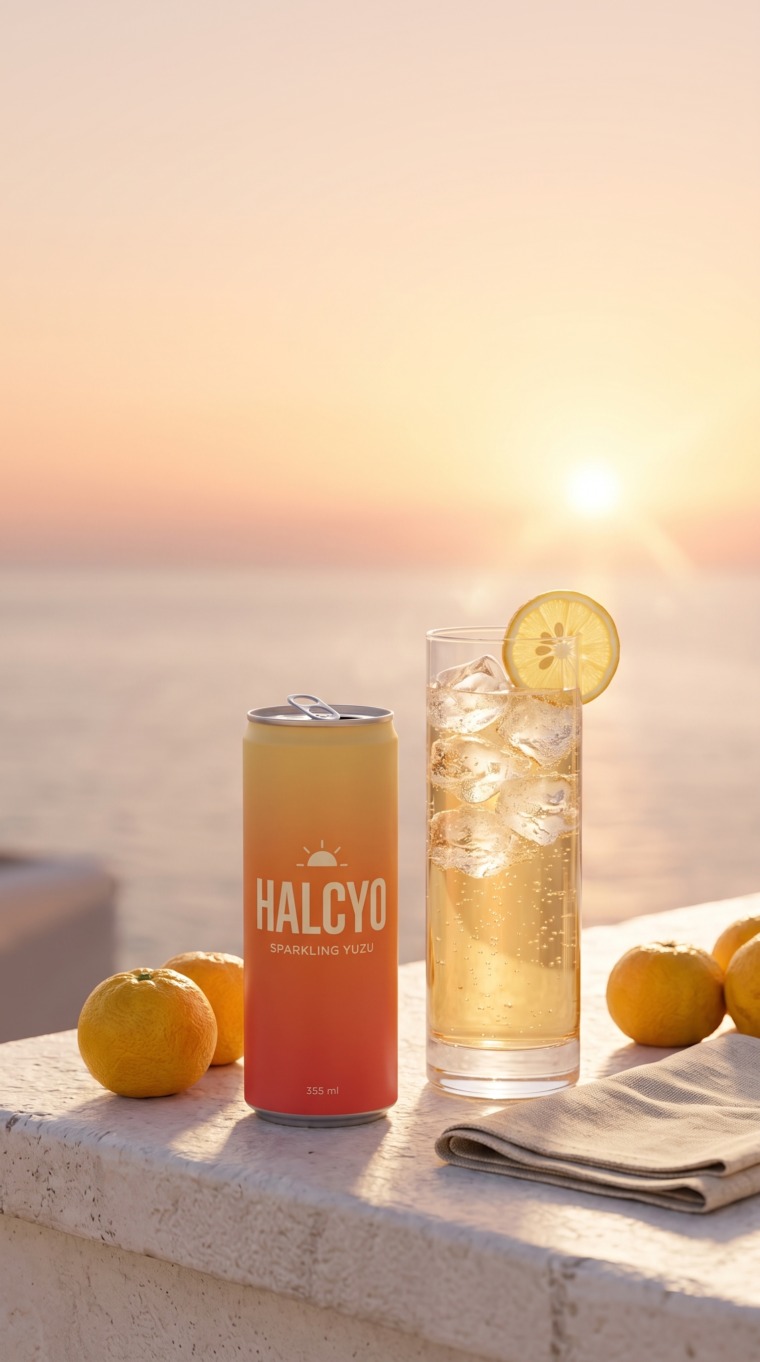 Opened HALCYO can beside an iced glass on a seaside terrace at sunset
