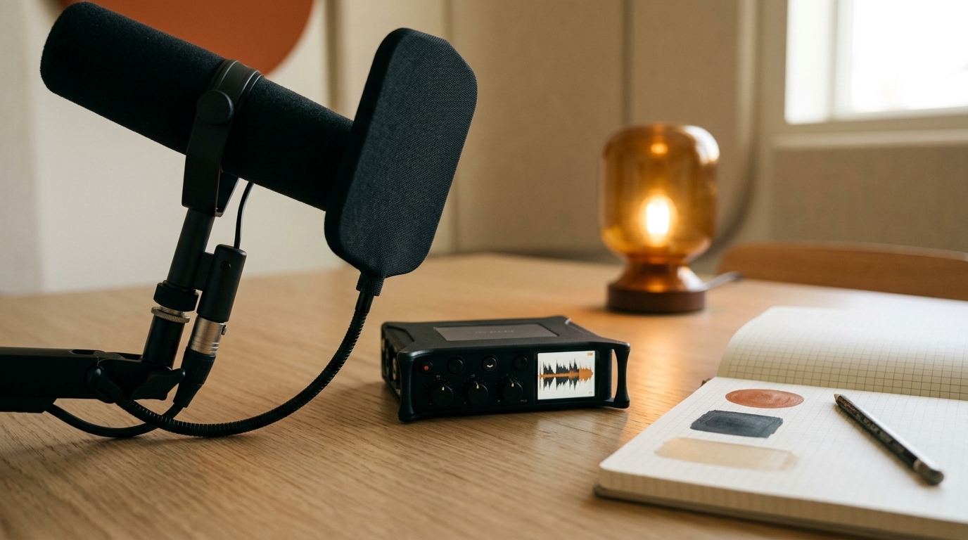 Microphone, pop filter, recorder, and notebook for voice design