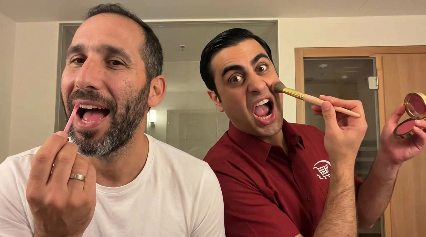 Free preview of a close-up: Itay applying lipstick and Ramzi holding a makeup brush to his cheek