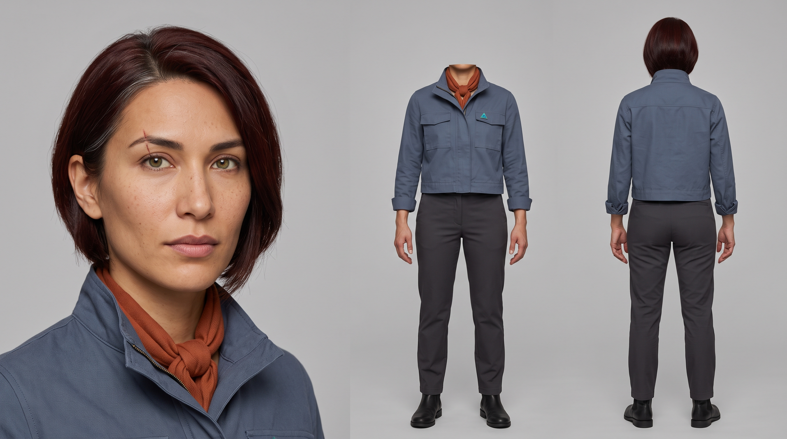 Mara Vale character continuity sheet with a face portrait, front wardrobe view, and rear full-body view