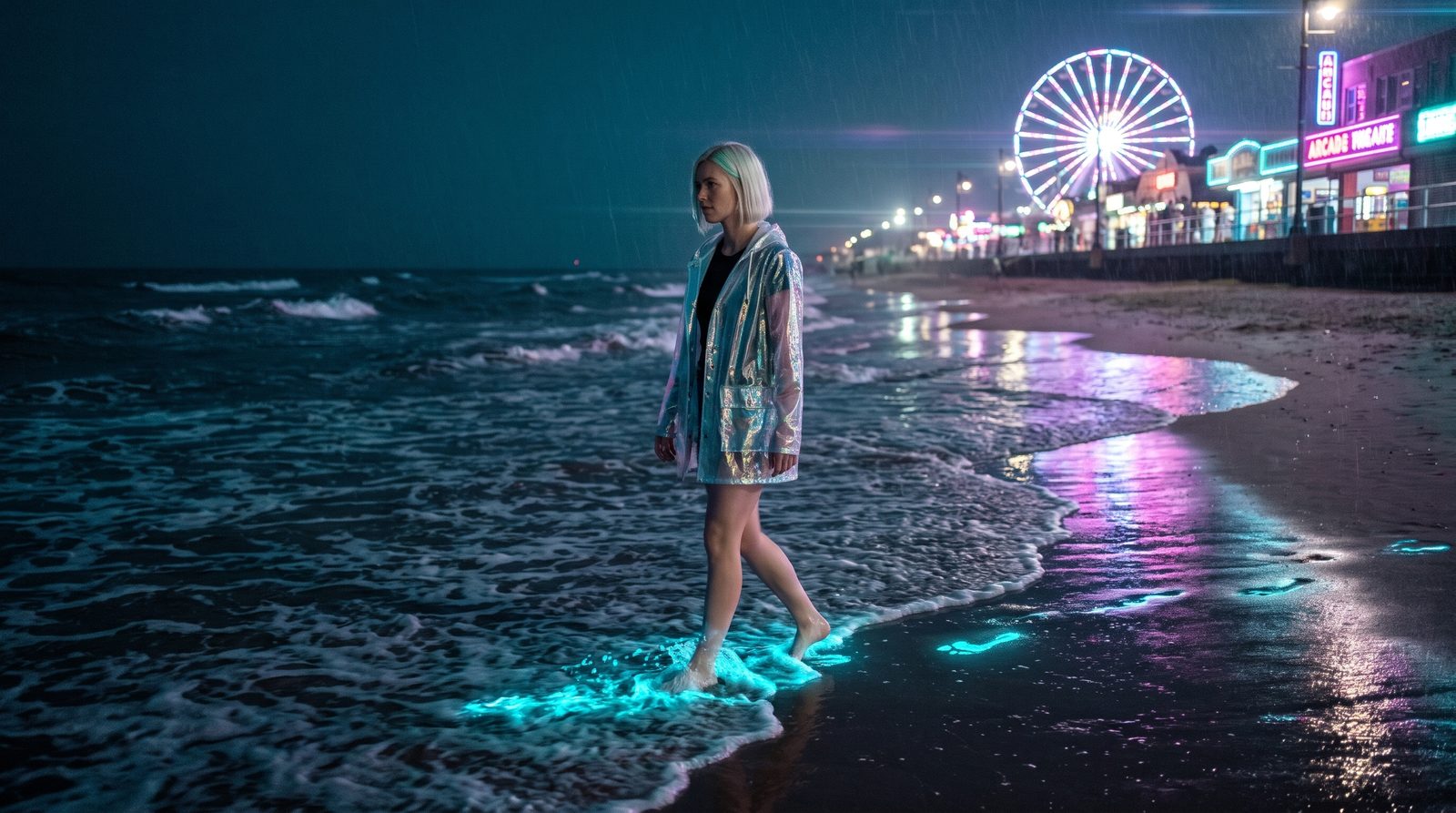 The artist walking barefoot through glowing surf below a neon boardwalk and ferris wheel