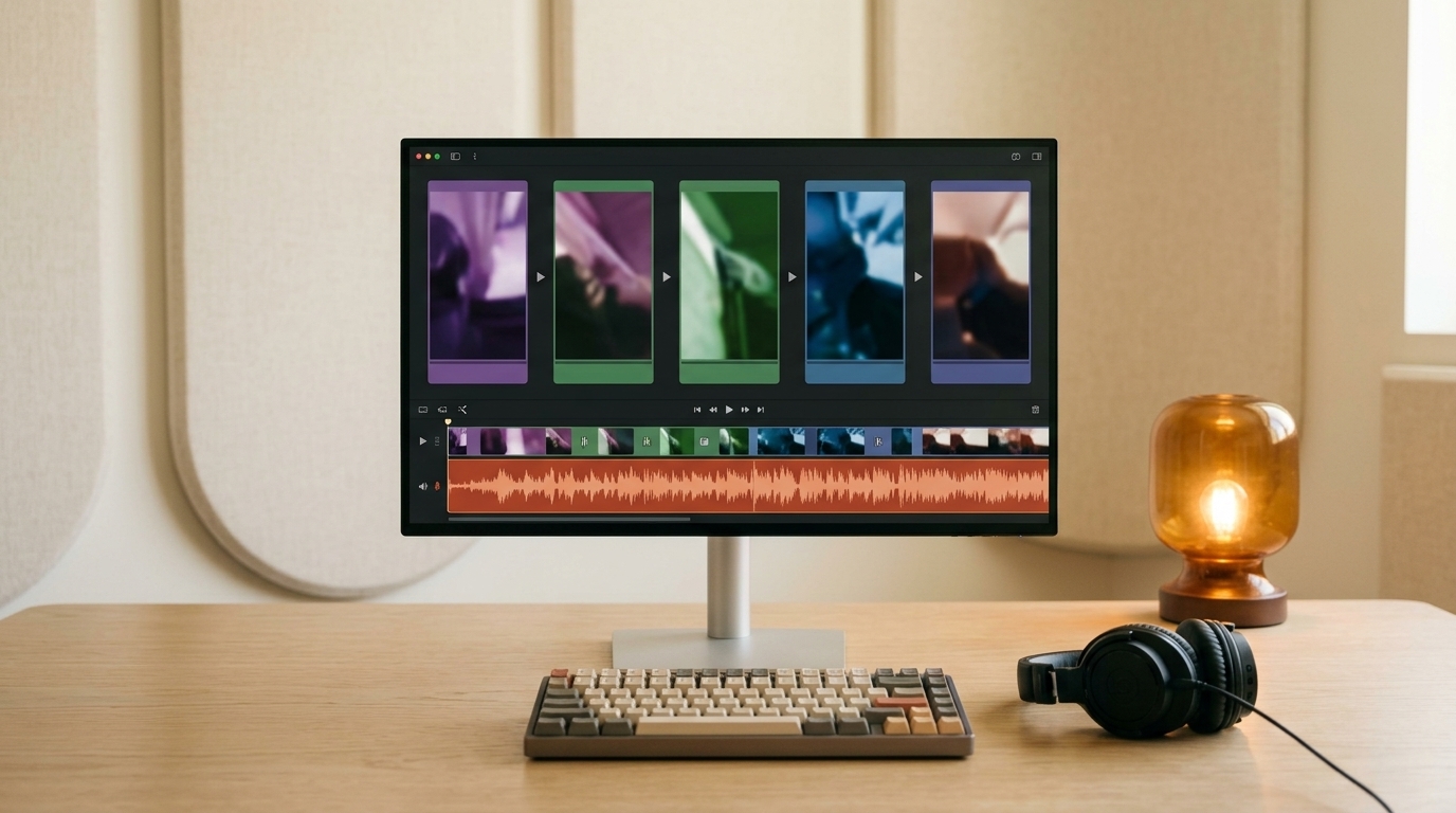Video editing screen with visual cards and an audio waveform