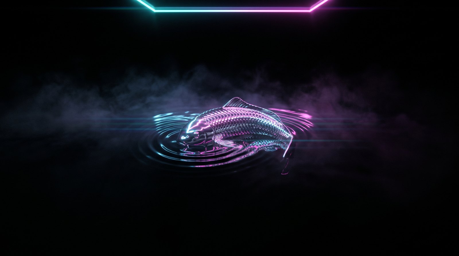 A chrome koi gliding under black water lit by cyan and magenta neon